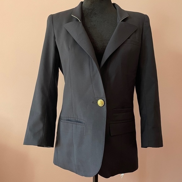 Smythe- Blue Navy White Collar Wool Blazer Jacket One Button Size 4 Work - Picture 4 of 10